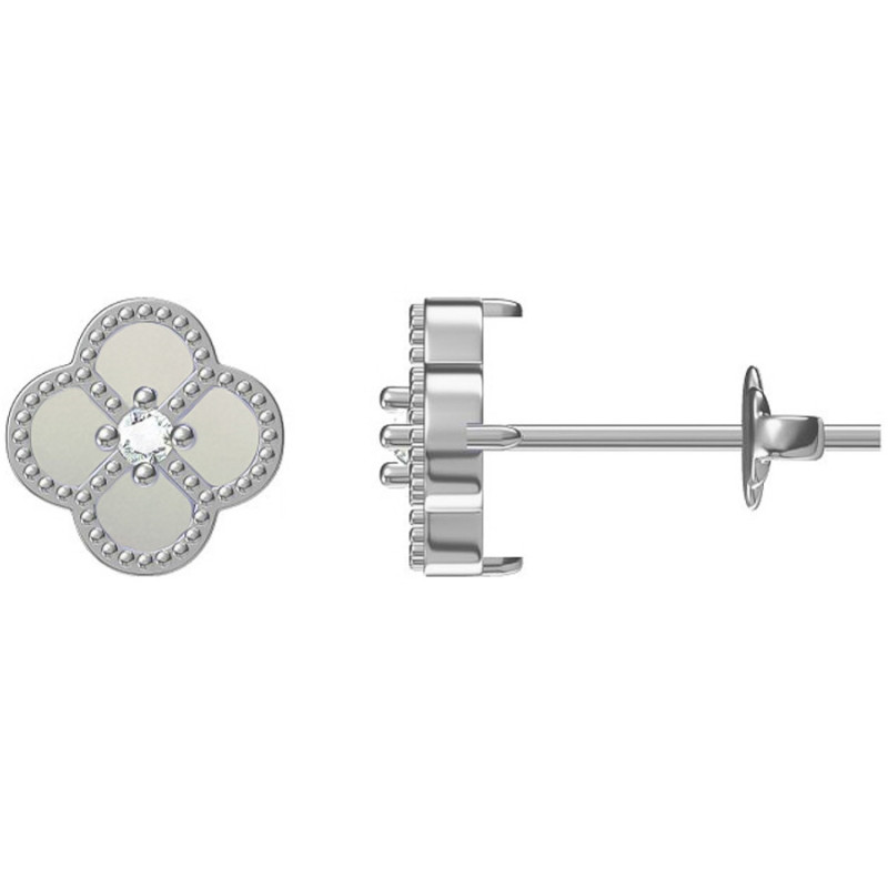 Ezüst fülbevaló - négylevelű lóhere, fehér  gyöngyház, átlátszó kerek cirkónia | Argento-ekszer.hu