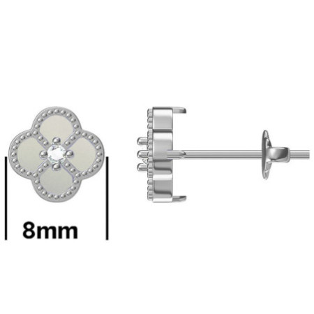 Ezüst fülbevaló - négylevelű lóhere, fehér  gyöngyház, átlátszó kerek cirkónia | Argento-ekszer.hu