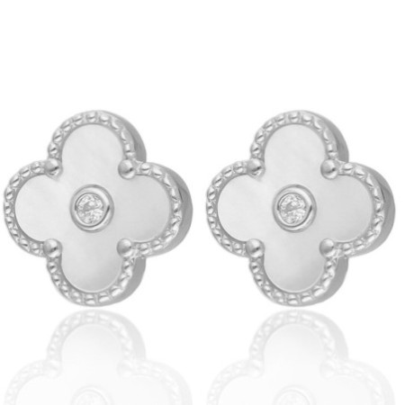 Ezüst fülbevaló - négylevelű lóhere, fehér  gyöngyház, átlátszó kerek cirkónia | Argento-ekszer.hu