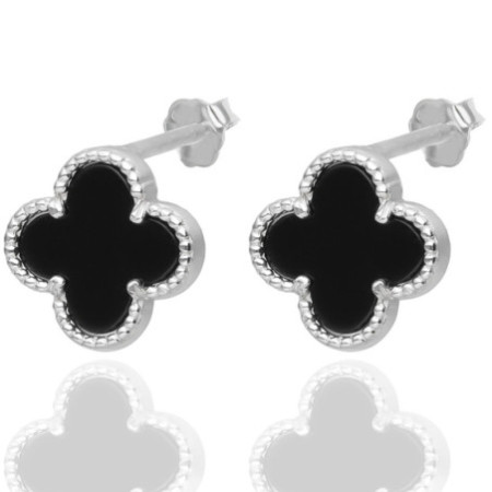Ezüst fülbevaló - négylevelű lóhere, szintetikus kő fekete ónix | Argento-ekszer.hu