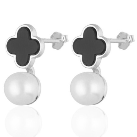 Ezüst fülbevaló - négylevelű lóhere, szintetikus kő fekete ónix | Argento-ekszer.hu