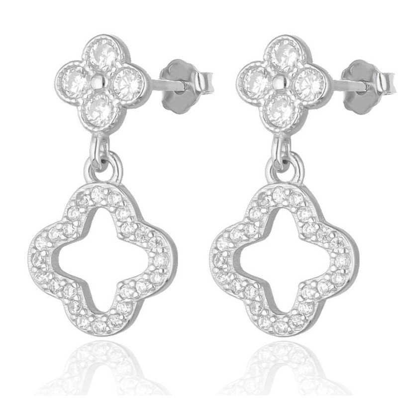 Ezüst fülbevaló - négylevelű lóhere, átlátszó kerek cirkóniák | Argento-ekszer.hu