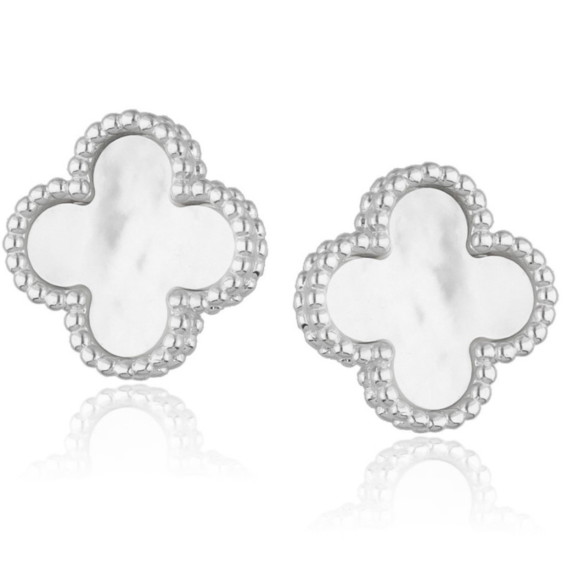 Ezüst fülbevaló - négylevelű lóhere, fehér  gyöngyház | Argento-ekszer.hu