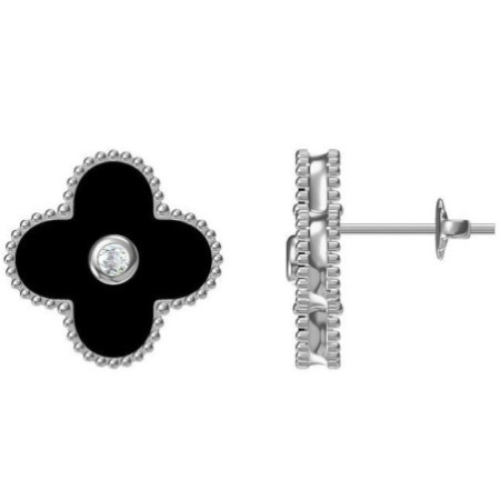 Ezüst fülbevaló - négylevelű lóhere, szintetikus kő fekete ónix | Argento-ekszer.hu