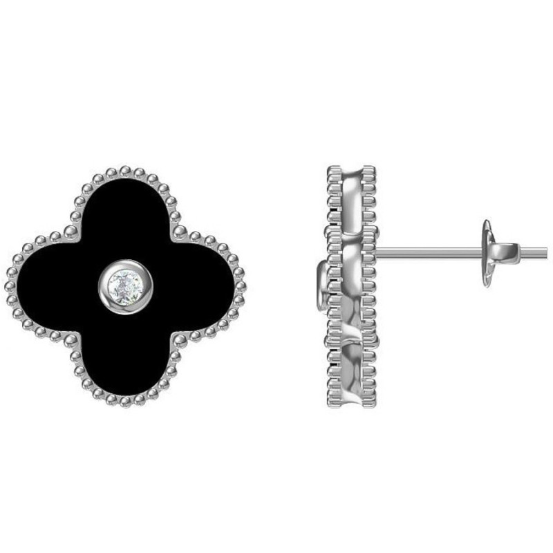 Ezüst fülbevaló - négylevelű lóhere, szintetikus kő fekete ónix | Argento-ekszer.hu