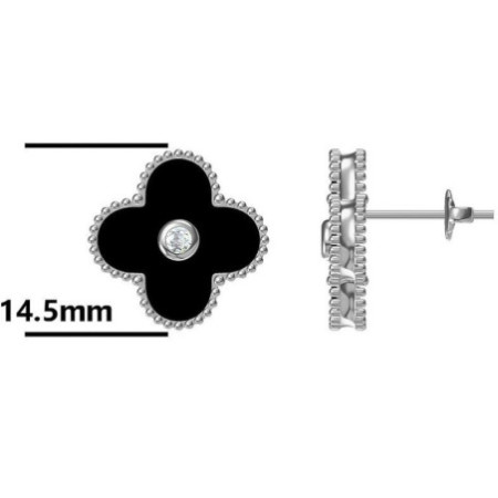 Ezüst fülbevaló - négylevelű lóhere, szintetikus kő fekete ónix | Argento-ekszer.hu