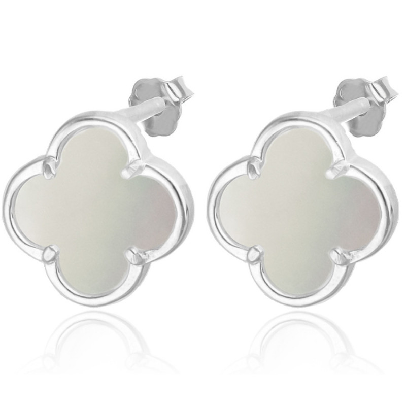 Ezüst fülbevaló - négylevelű lóhere, fehér  gyöngyház | Argento-ekszer.hu