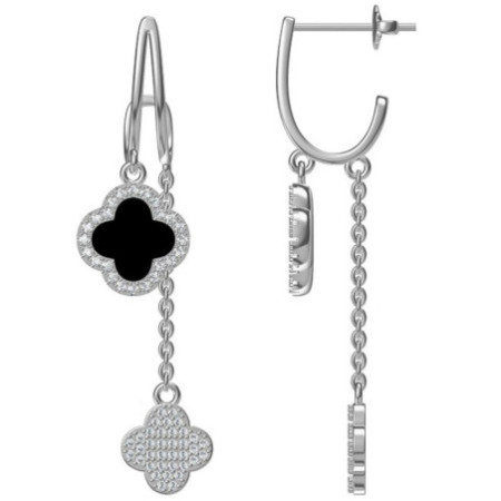 Ezüst fülbevaló lánccal - négylevelű lóhere, szintetikus kő fekete ónix | Argento-ekszer.hu