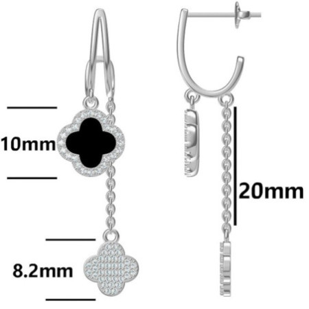 Ezüst fülbevaló lánccal - négylevelű lóhere, szintetikus kő fekete ónix | Argento-ekszer.hu
