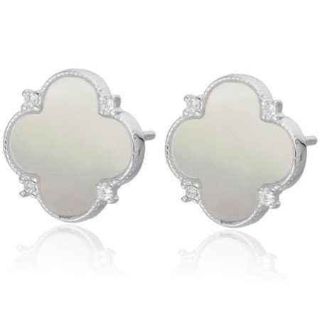 Ezüst fülbevaló - négylevelű lóhere, fehér  gyöngyház | Argento-ekszer.hu