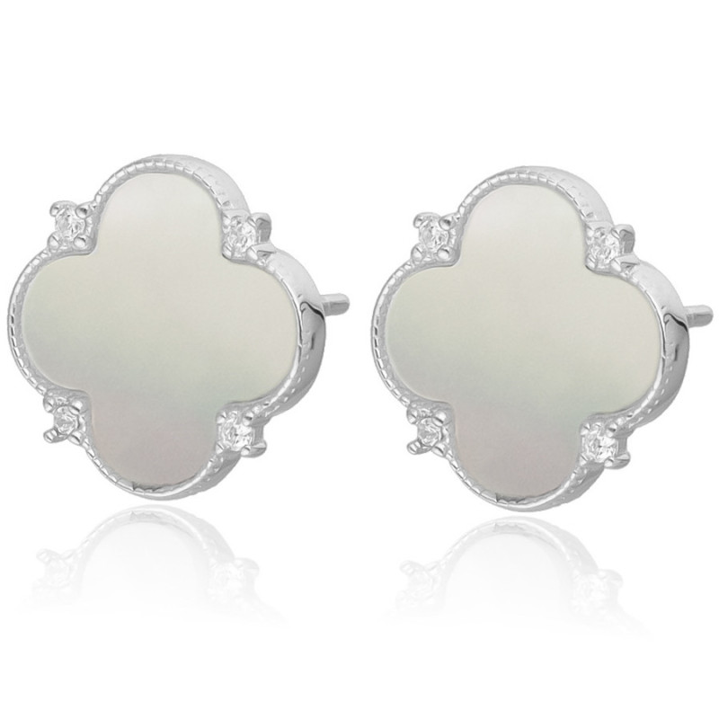 Ezüst fülbevaló - négylevelű lóhere, fehér  gyöngyház | Argento-ekszer.hu