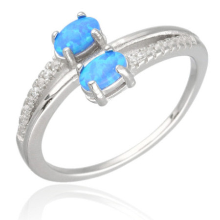 Ezüst gyűrű - kék ovális szintetikus opálok, átlátszó kerek cirkóniák | Argento-ekszer.hu