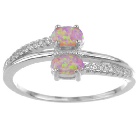 Ezüst gyűrű - rózsaszín ovális szintetikus opálok, átlátszó kerek cirkóniák | Argento-ekszer.hu