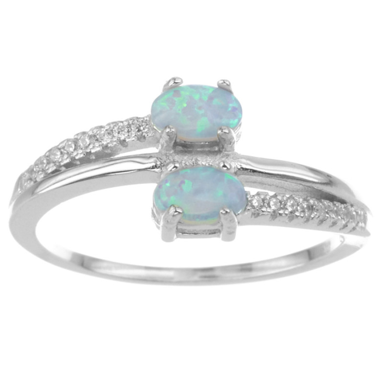 Ezüst gyűrű - fehér ovális szintetikus opálok, átlátszó kerek cirkóniák | Argento-ekszer.hu