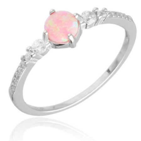 Ezüst gyűrű - rózsaszín kerek szintetikus opál, átlátszó kerek cirkóniák | Argento-ekszer.hu