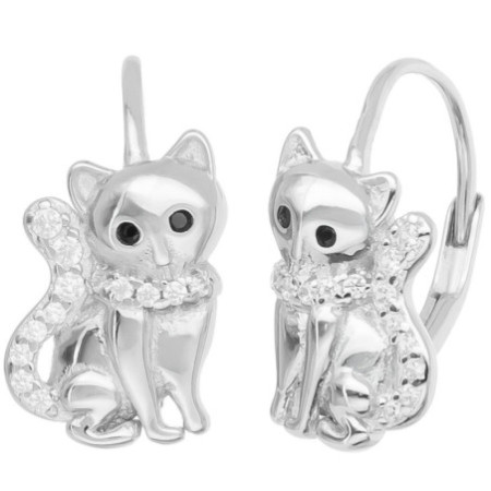 Ezüst fülbevaló - macska, átlátszó kerek cirkóniák, fekete kerek cirkóniák | Argento-ekszer.hu