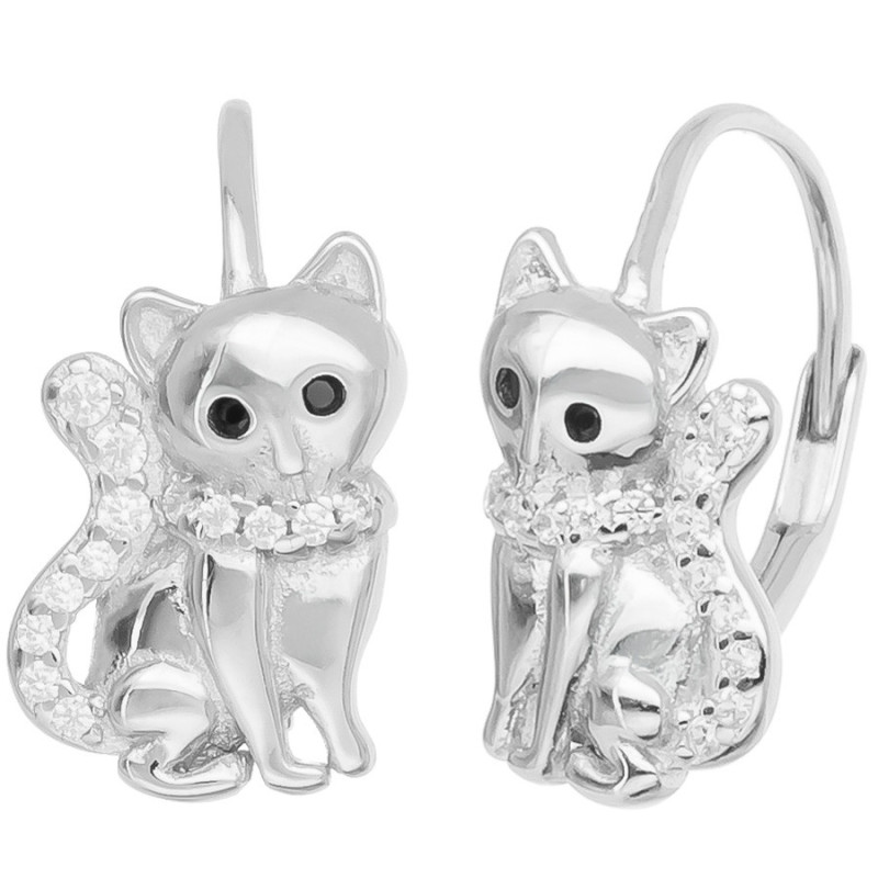 Ezüst fülbevaló - macska, átlátszó kerek cirkóniák, fekete kerek cirkóniák | Argento-ekszer.hu