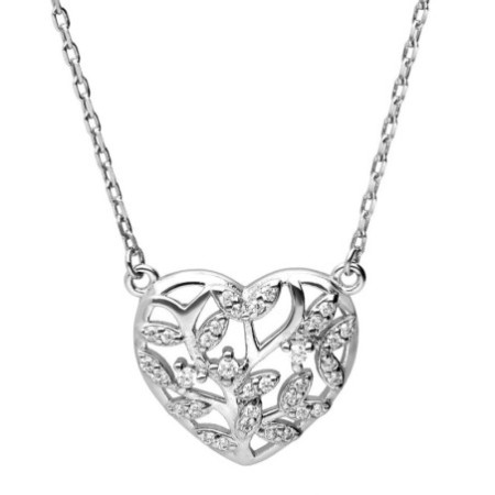 Ezüst nyaklánc - életfa, szív, átlátszó kerek cirkóniák, hossza 43 - 46 cm | Argento-ekszer.hu