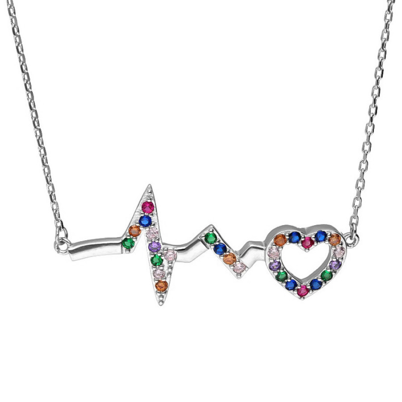 Ezüst nyaklánc - szív, EKG, színes kerek cirkóniák, hossza 43 - 47 cm | Argento-ekszer.hu