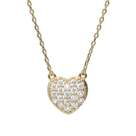 Aranyozott ezüst nyaklánc - szív, átlátszó kerek cirkóniák, hossza 43 - 46 cm | Argento-ekszer.hu