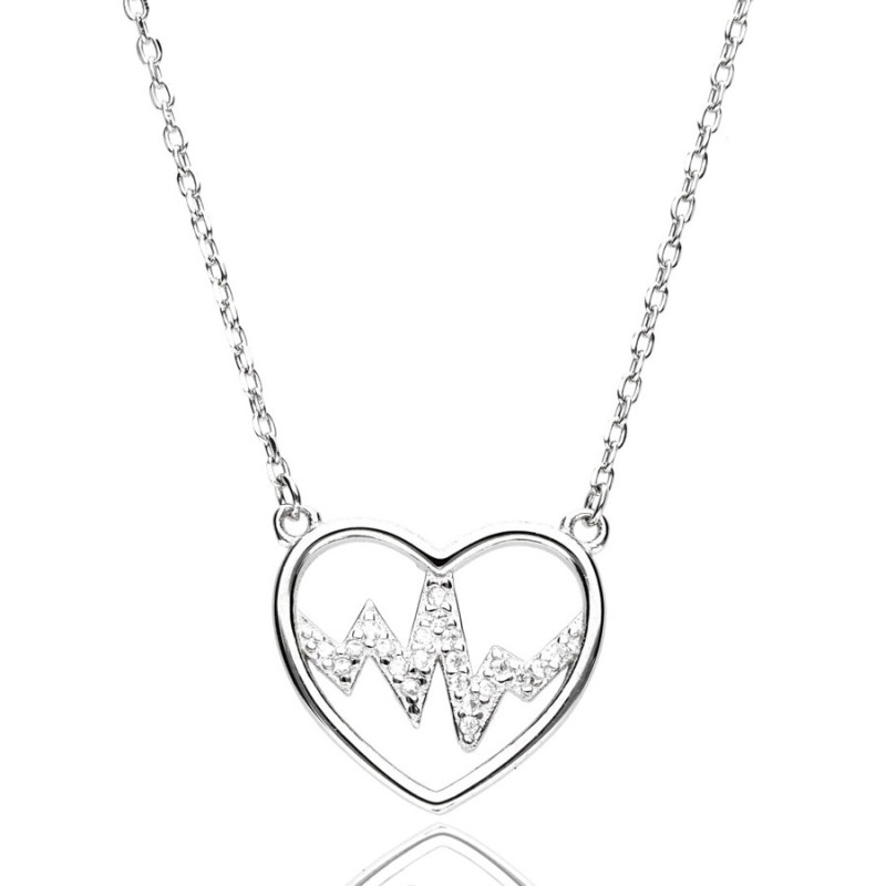 Ezüst nyaklánc - szív, EKG, átlátszó kerek cirkóniák, hossza 43 - 46 cm | Argento-ekszer.hu
