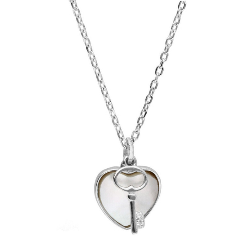 Ezüst nyaklánc - szív, kulcs, fehér  gyöngyház, hossza 43 - 46 cm | Argento-ekszer.hu