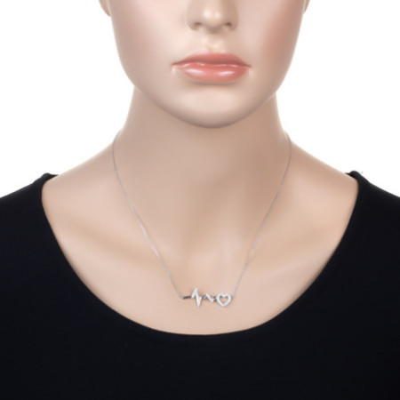 Ezüst nyaklánc - szív, EKG, átlátszó kerek cirkóniák, hossza 43 - 46 cm | Argento-ekszer.hu