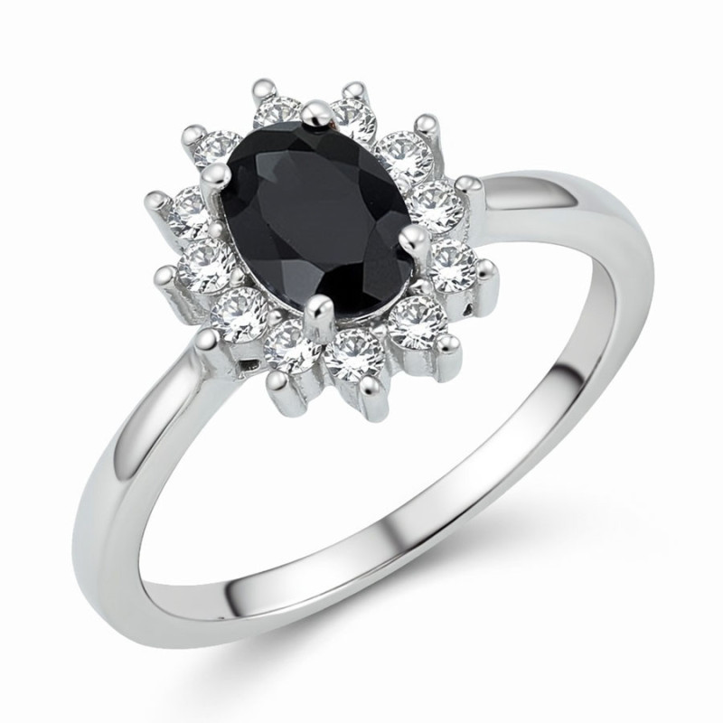 Ezüst gyűrű - átlátszó kerek cirkóniák, fekete ovális cirkónia | Argento-ekszer.hu