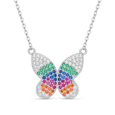 Ezüst nyaklánc - pillangó, színes kerek cirkóniák, hossza 43 - 46 cm | Argento-ekszer.hu