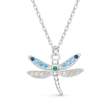 Ezüst nyaklánc - szitakötő, színes kerek cirkóniák, hossza 43 - 46 cm | Argento-ekszer.hu