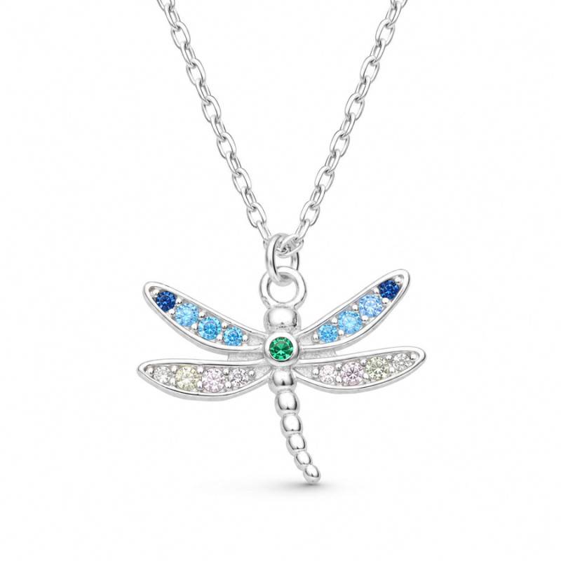 Ezüst nyaklánc - szitakötő, színes kerek cirkóniák, hossza 43 - 46 cm | Argento-ekszer.hu