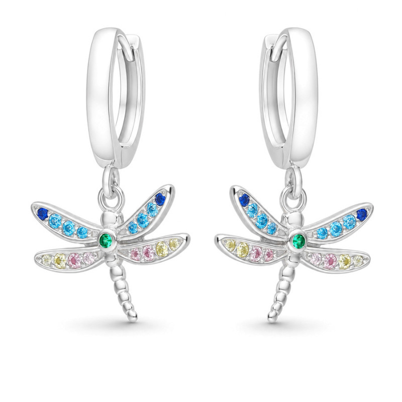 Ezüst fülbevaló - szitakötő, színes kerek cirkóniák | Argento-ekszer.hu