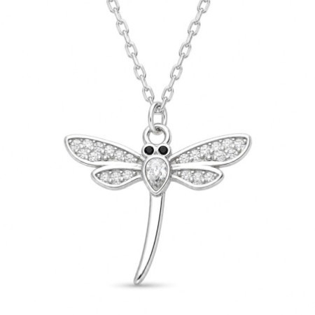 Ezüst nyaklánc - szitakötő, átlátszó cirkóniák, fekete cirkónia, hossza 43 - 46 cm | Argento-ekszer.hu