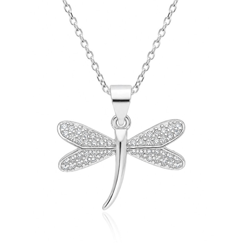 Ezüst nyaklánc - szitakötő, átlátszó kerek cirkóniák, hossza 43 - 46 cm | Argento-ekszer.hu
