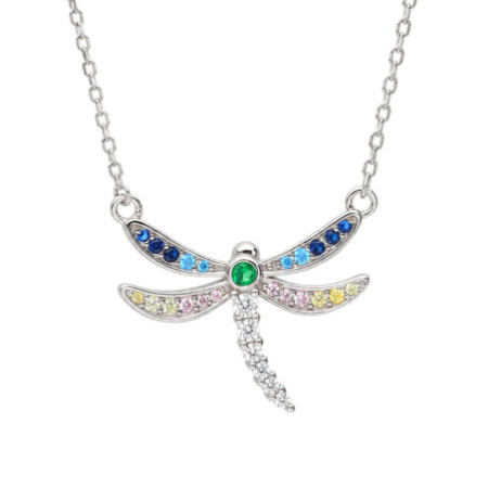 Ezüst nyaklánc - szitakötő, színes kerek cirkóniák, hossza 43 - 46 cm | Argento-ekszer.hu