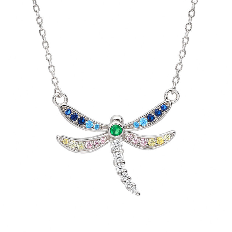 Ezüst nyaklánc - szitakötő, színes kerek cirkóniák, hossza 43 - 46 cm | Argento-ekszer.hu