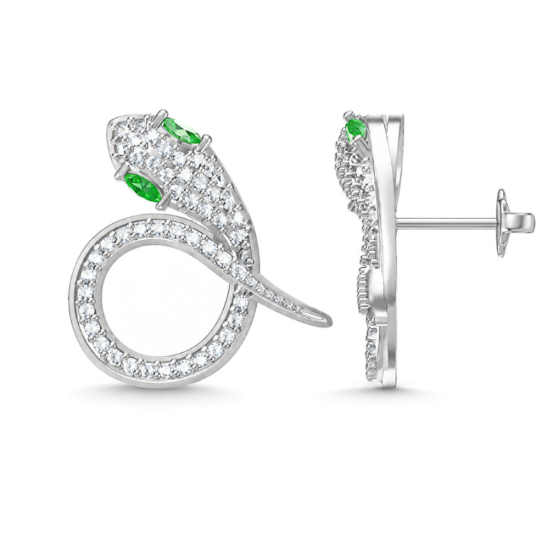 Ezüst fülbevaló - kígyó, átlátszó kerek cirkóniák, zöld cirkóniák | Argento-ekszer.hu