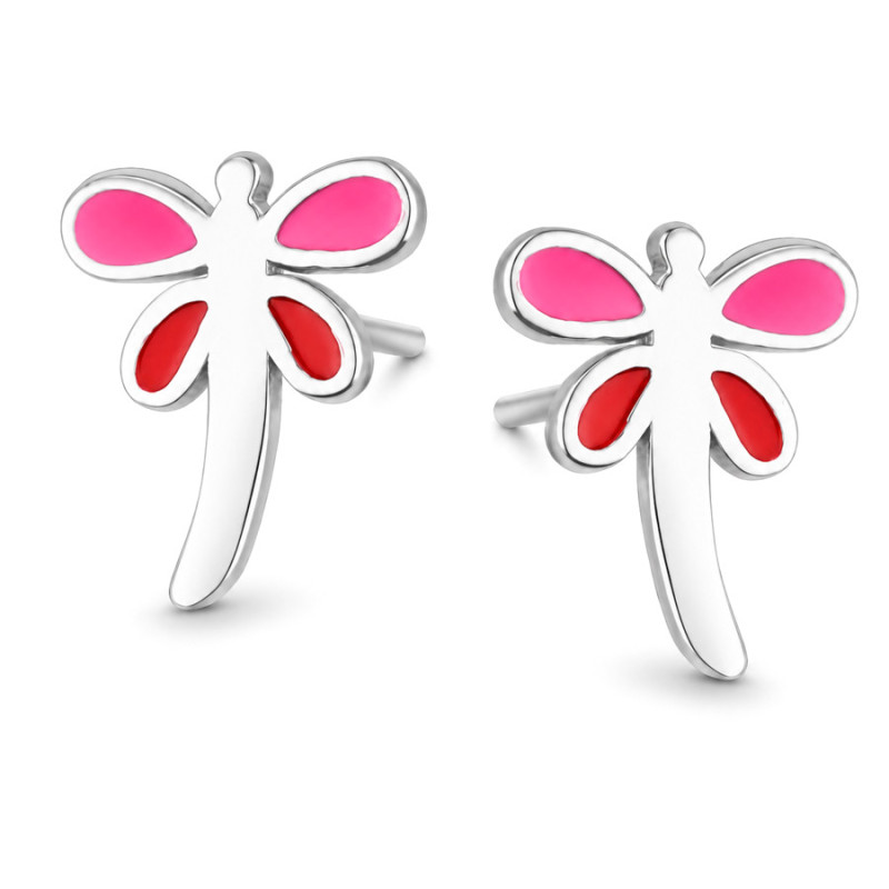 Ezüst fülbevaló - szitakötő, piros máz, rózsaszín máz | Argento-ekszer.hu