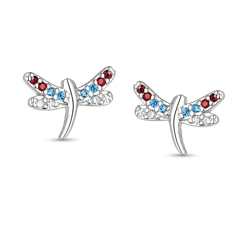 Ezüst fülbevaló - szitakötő, színes kerek cirkóniák | Argento-ekszer.hu