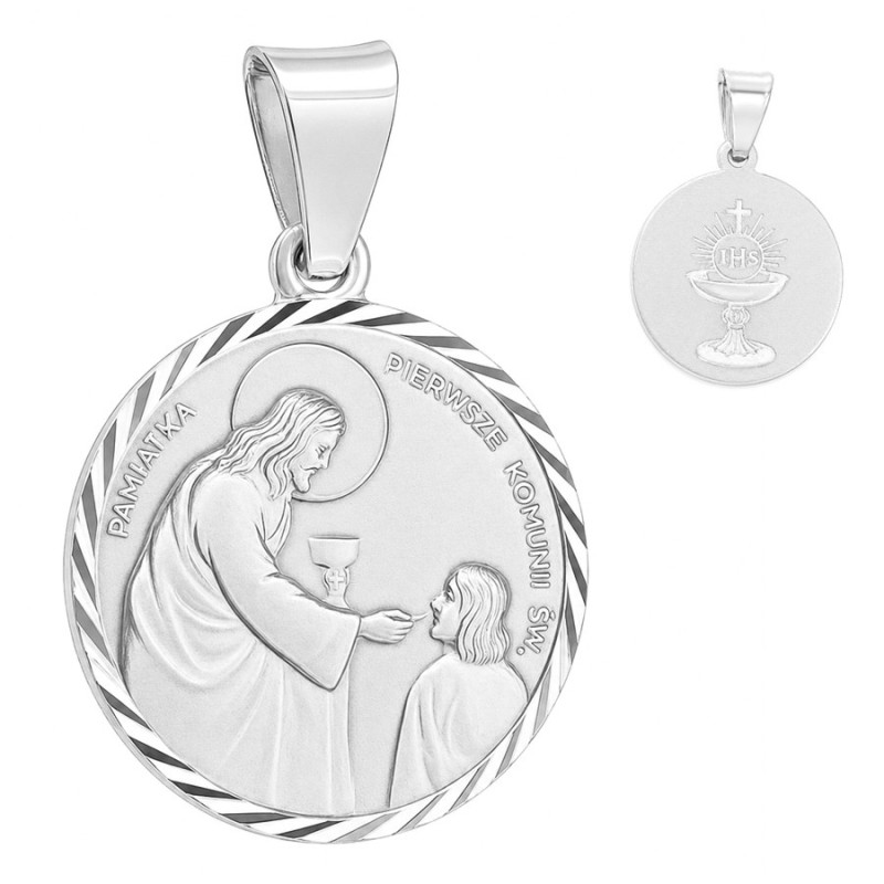 Ezüst medál - első szentáldozás - Krisztus áldoztat egy fiút, hátoldalán kehely az ostyával | Argento-ekszer.hu