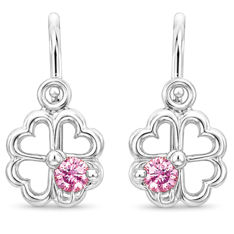 Ezüst fülbevaló - négylevelű lóhere, rózsaszín kerek cirkónia | Argento-ekszer.hu