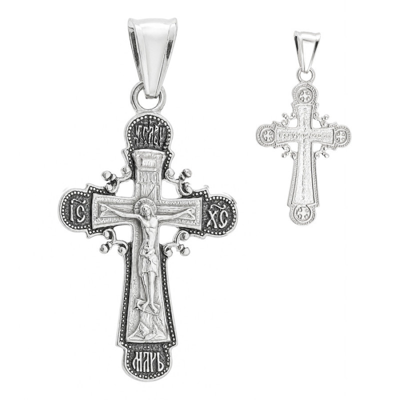 Ezüst medál - ortodox kereszt Jézussal, feketített, díszes szárvégek | Argento-ekszer.hu