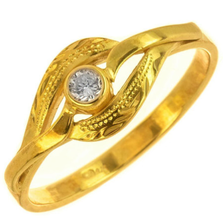 Aranyozott ezüst gyűrű - kézi gravírozással, átlátszó kerek cirkónia | Argento-ekszer.hu