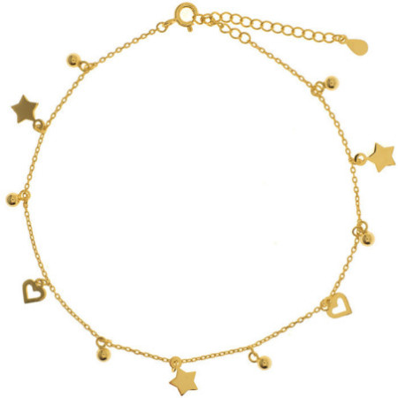 Aranyozott ezüst bokalánc - szívek, golyók, csillagok, hossza 22 - 26 cm | Argento-ekszer.hu