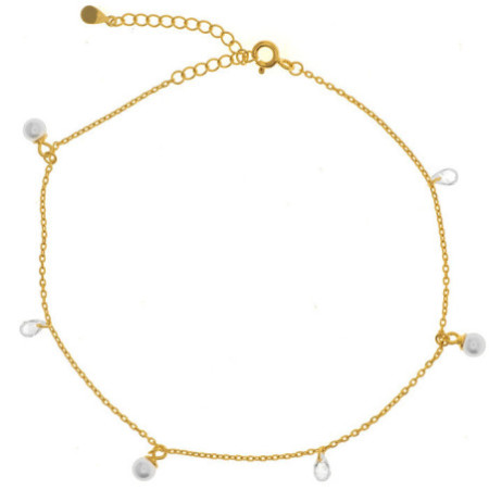Aranyozott ezüst bokalánc - fehér golyó alakú műgyöngyök, átlátszó könnycsepp alakú cirkóniák, hossza 22 - 26 cm | Argento-eksze