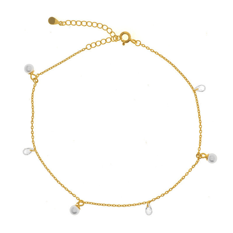 Aranyozott ezüst bokalánc - fehér golyó alakú műgyöngyök, átlátszó könnycsepp alakú cirkóniák, hossza 22 - 26 cm | Argento-eksze Aranyozott ezüst bokalánc - fehér golyó alakú műgyöngyök, átlátszó könnycsepp alakú cirkóniák, hossza 22 - 26 cm | Argento-eksze