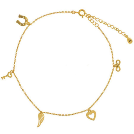 Aranyozott ezüst bokalánc - négylevelű lóhere, szív, angyal, angyalszárny, lábacskák, hossza 22 - 26 cm | Argento-ekszer.hu