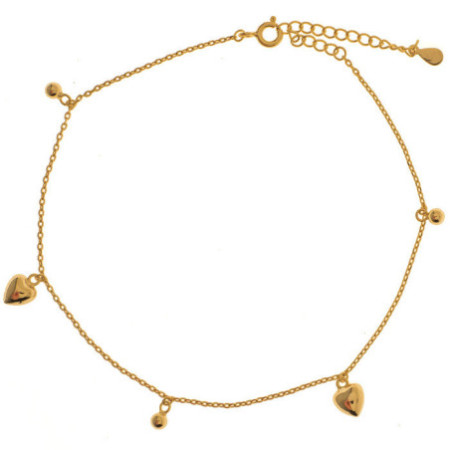 Aranyozott ezüst bokalánc - szívek, golyók, hossza 22 - 26 cm | Argento-ekszer.hu