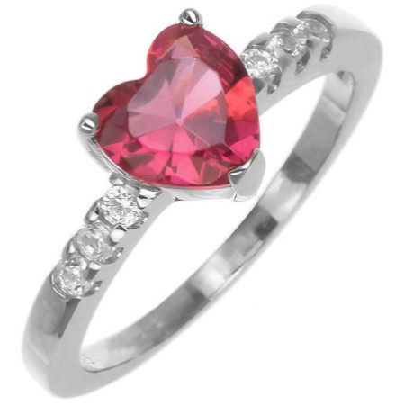 Ezüst gyűrű - szív, átlátszó kerek cirkóniák, sötétrózsaszín szív alakú cirkónia | Argento-ekszer.hu