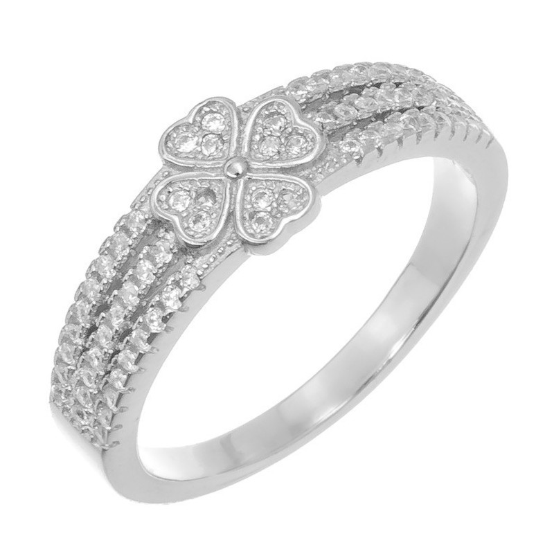 Ezüst gyűrű - négylevelű lóhere, átlátszó kerek cirkóniák | Argento-ekszer.hu